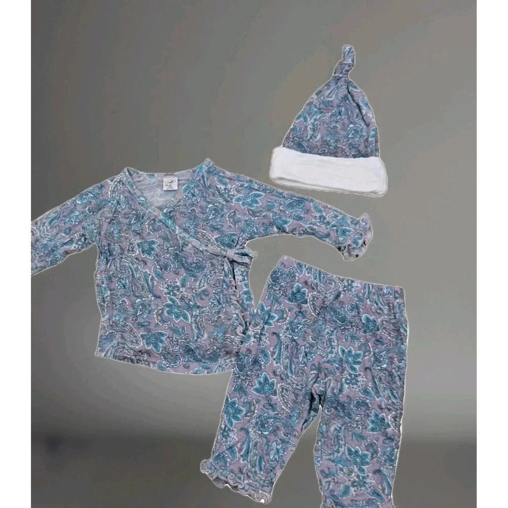Baby Grey Kimono-Style 3-Piece Set Floral‎ Paisley  Layette Modal 9-12months EUC